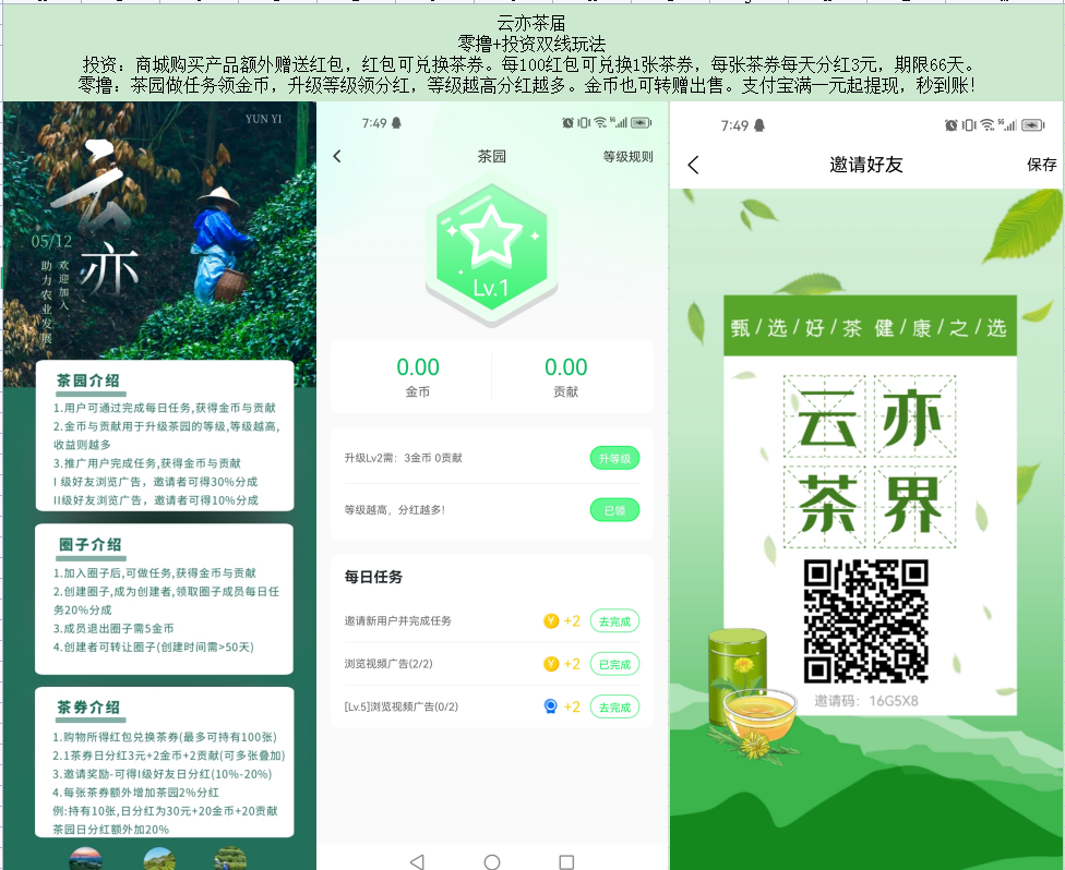 云亦茶届 零撸分红 投资分红 双线玩法