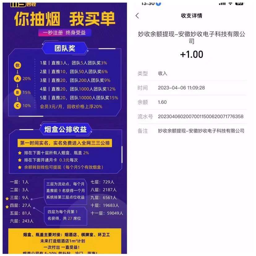 妙收 饮料瓶、烟盒回收，无需投资！ 33公排自动划落11层-第1张图片-首码圈