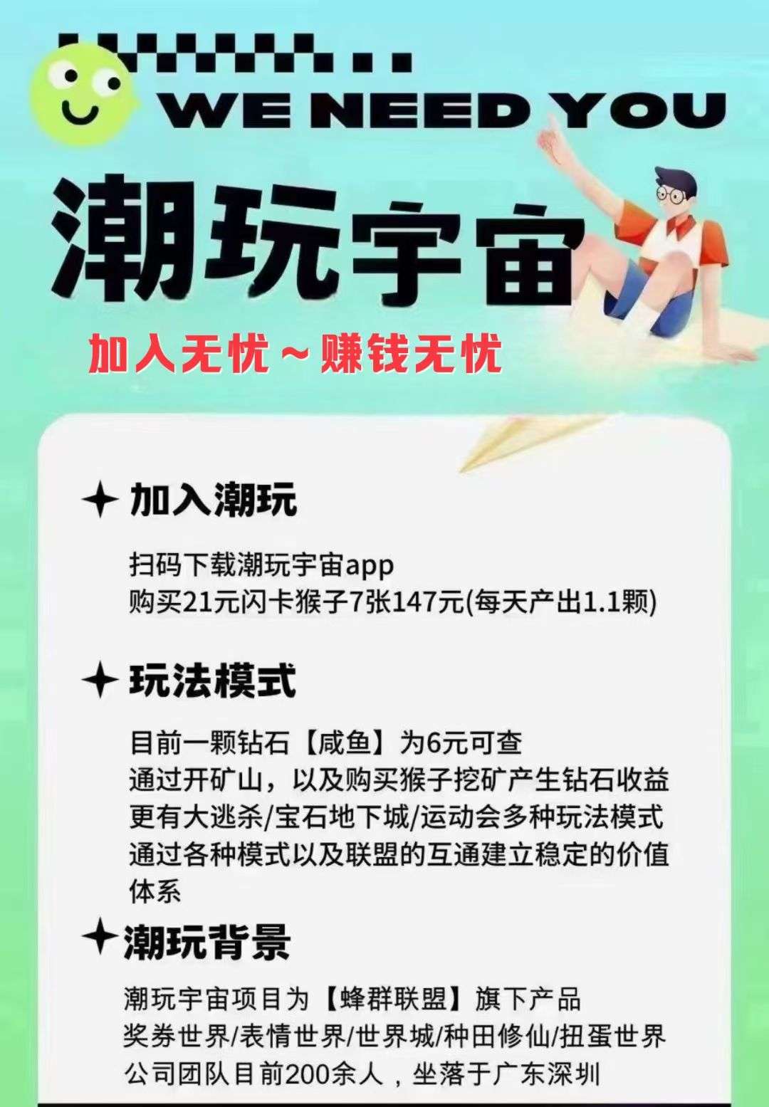 潮玩宇宙，本金147 包赔+包回收+包教会，没做的速度联系我！ 每天都可以变现，无广告，无任务！全网最高扶持蜂群旗下项目已经火爆全网，没上车速度上车，包赚