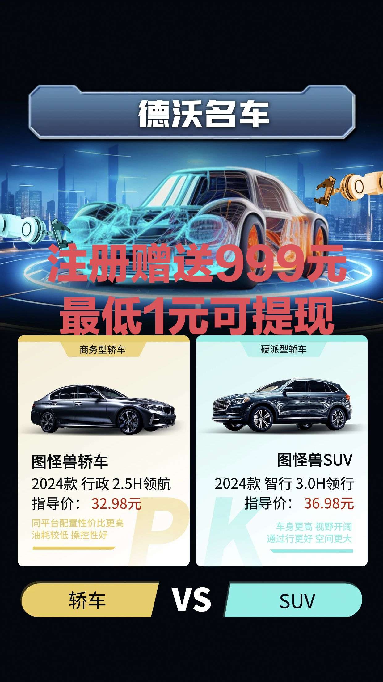 沃德名车，注册就送999元，满一元就秒提，速度上车